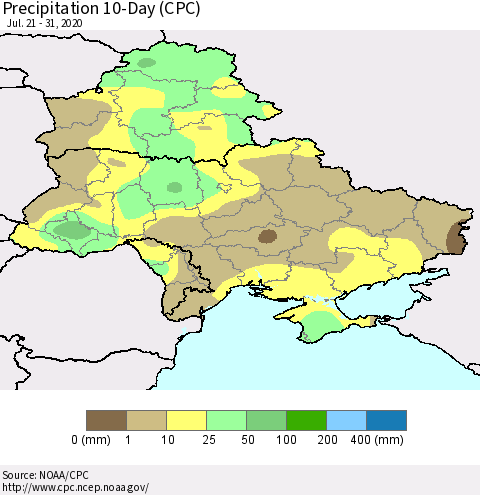 Ukraine, Moldova and Belarus Precipitation 10-Day (CPC) Thematic Map For 7/21/2020 - 7/31/2020