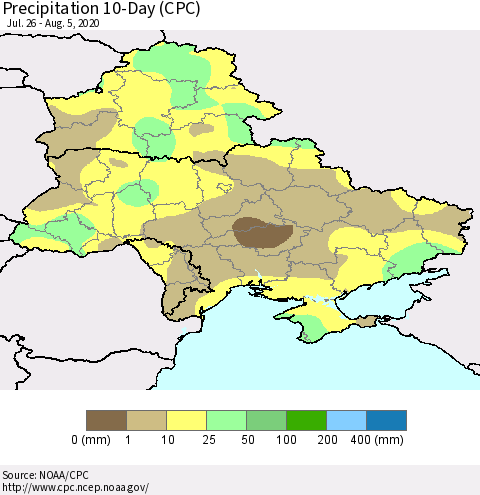 Ukraine, Moldova and Belarus Precipitation 10-Day (CPC) Thematic Map For 7/26/2020 - 8/5/2020