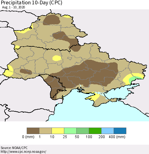 Ukraine, Moldova and Belarus Precipitation 10-Day (CPC) Thematic Map For 8/1/2020 - 8/10/2020