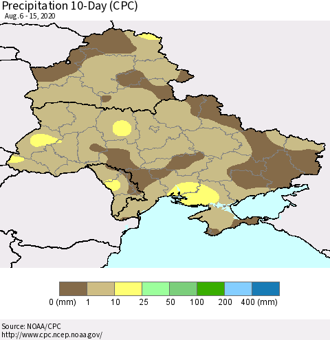 Ukraine, Moldova and Belarus Precipitation 10-Day (CPC) Thematic Map For 8/6/2020 - 8/15/2020