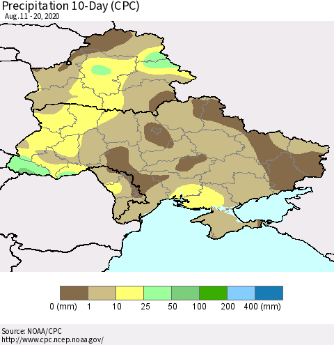 Ukraine, Moldova and Belarus Precipitation 10-Day (CPC) Thematic Map For 8/11/2020 - 8/20/2020