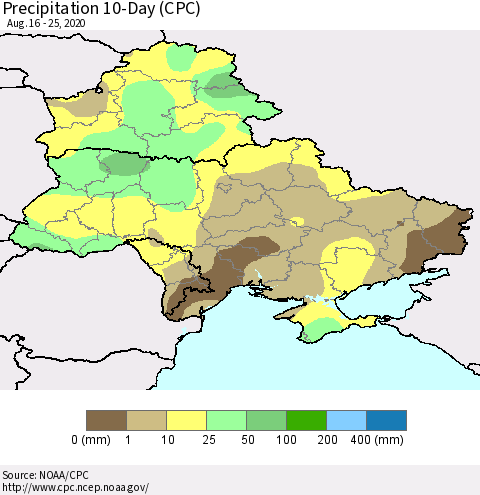 Ukraine, Moldova and Belarus Precipitation 10-Day (CPC) Thematic Map For 8/16/2020 - 8/25/2020