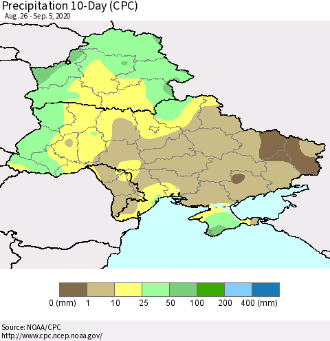 Ukraine, Moldova and Belarus Precipitation 10-Day (CPC) Thematic Map For 8/26/2020 - 9/5/2020