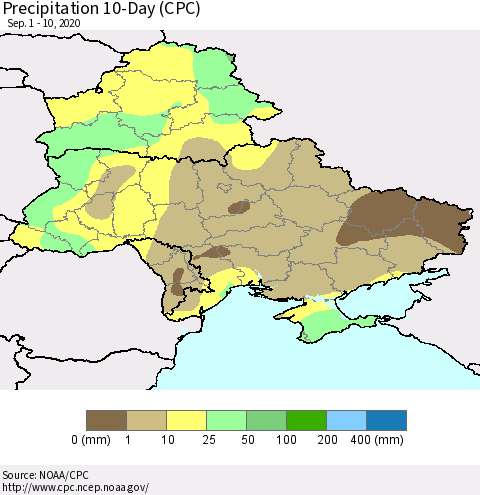 Ukraine, Moldova and Belarus Precipitation 10-Day (CPC) Thematic Map For 9/1/2020 - 9/10/2020