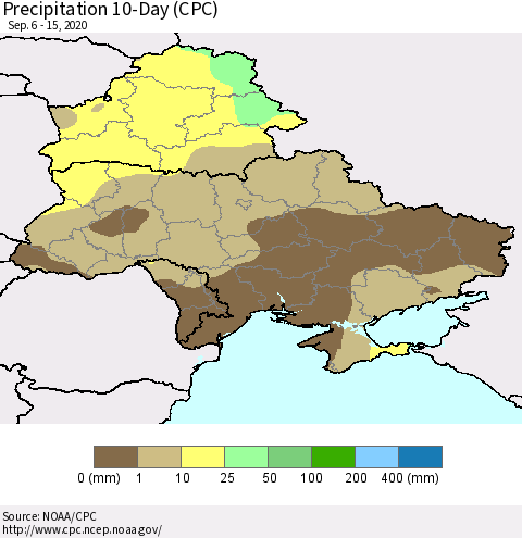 Ukraine, Moldova and Belarus Precipitation 10-Day (CPC) Thematic Map For 9/6/2020 - 9/15/2020