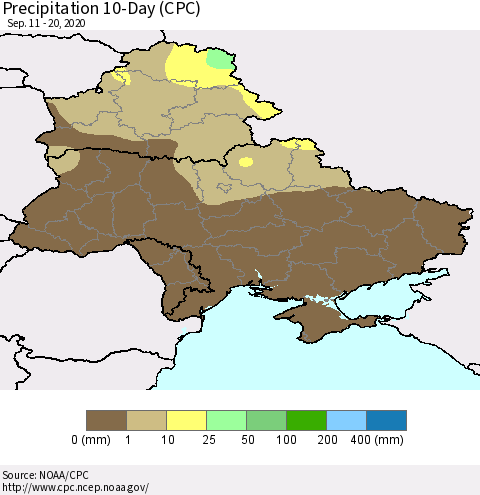 Ukraine, Moldova and Belarus Precipitation 10-Day (CPC) Thematic Map For 9/11/2020 - 9/20/2020