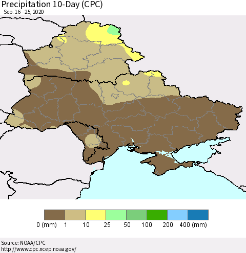 Ukraine, Moldova and Belarus Precipitation 10-Day (CPC) Thematic Map For 9/16/2020 - 9/25/2020