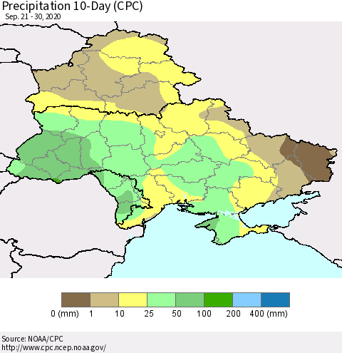 Ukraine, Moldova and Belarus Precipitation 10-Day (CPC) Thematic Map For 9/21/2020 - 9/30/2020