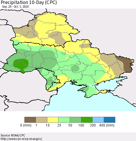 Ukraine, Moldova and Belarus Precipitation 10-Day (CPC) Thematic Map For 9/26/2020 - 10/5/2020