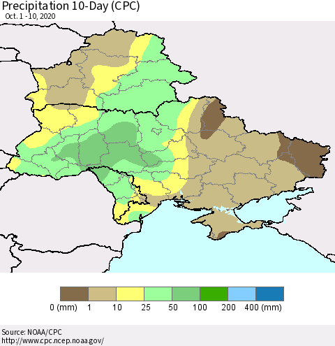 Ukraine, Moldova and Belarus Precipitation 10-Day (CPC) Thematic Map For 10/1/2020 - 10/10/2020