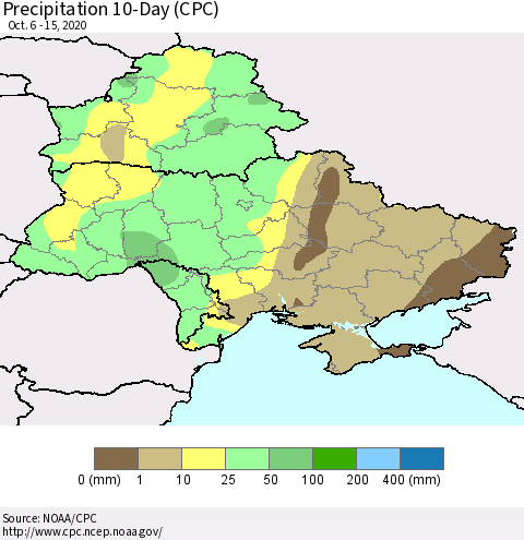 Ukraine, Moldova and Belarus Precipitation 10-Day (CPC) Thematic Map For 10/6/2020 - 10/15/2020
