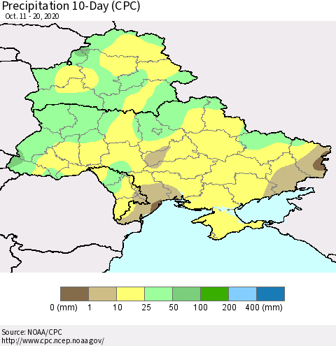 Ukraine, Moldova and Belarus Precipitation 10-Day (CPC) Thematic Map For 10/11/2020 - 10/20/2020