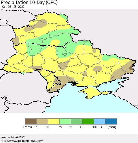Ukraine, Moldova and Belarus Precipitation 10-Day (CPC) Thematic Map For 10/16/2020 - 10/25/2020