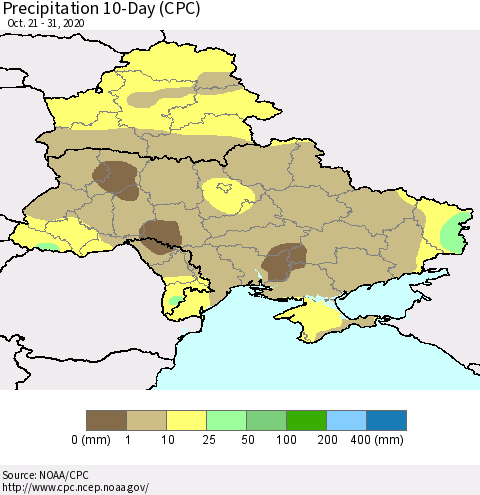 Ukraine, Moldova and Belarus Precipitation 10-Day (CPC) Thematic Map For 10/21/2020 - 10/31/2020