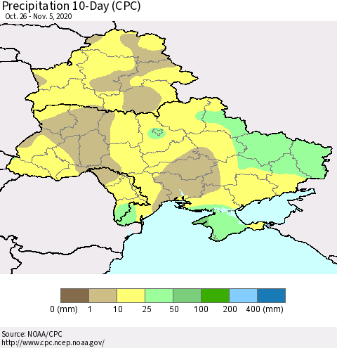 Ukraine, Moldova and Belarus Precipitation 10-Day (CPC) Thematic Map For 10/26/2020 - 11/5/2020