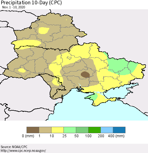 Ukraine, Moldova and Belarus Precipitation 10-Day (CPC) Thematic Map For 11/1/2020 - 11/10/2020