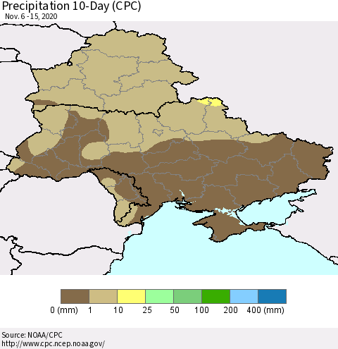 Ukraine, Moldova and Belarus Precipitation 10-Day (CPC) Thematic Map For 11/6/2020 - 11/15/2020