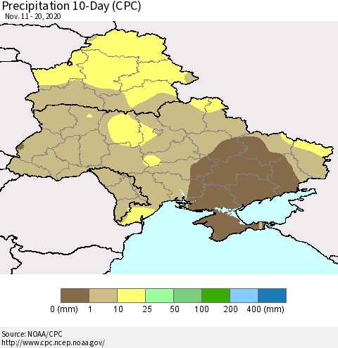Ukraine, Moldova and Belarus Precipitation 10-Day (CPC) Thematic Map For 11/11/2020 - 11/20/2020