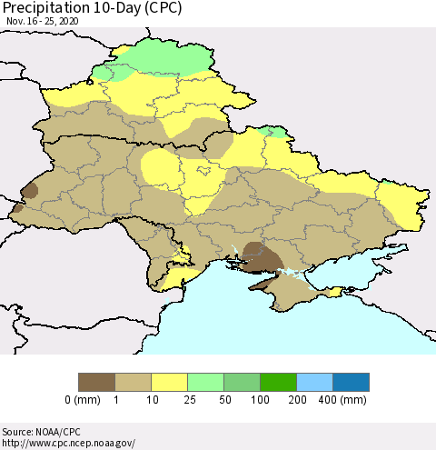 Ukraine, Moldova and Belarus Precipitation 10-Day (CPC) Thematic Map For 11/16/2020 - 11/25/2020