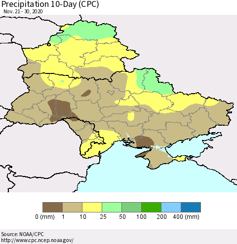 Ukraine, Moldova and Belarus Precipitation 10-Day (CPC) Thematic Map For 11/21/2020 - 11/30/2020