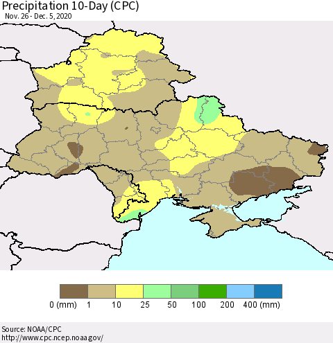 Ukraine, Moldova and Belarus Precipitation 10-Day (CPC) Thematic Map For 11/26/2020 - 12/5/2020