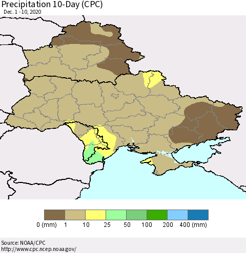 Ukraine, Moldova and Belarus Precipitation 10-Day (CPC) Thematic Map For 12/1/2020 - 12/10/2020