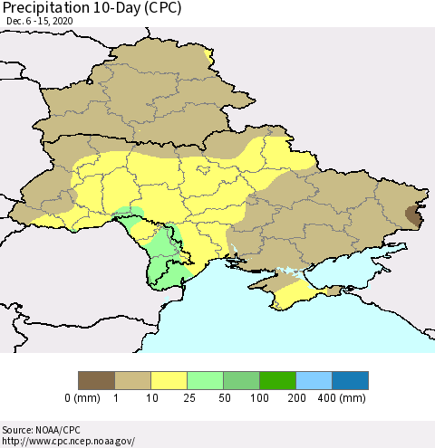 Ukraine, Moldova and Belarus Precipitation 10-Day (CPC) Thematic Map For 12/6/2020 - 12/15/2020