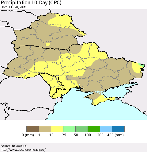 Ukraine, Moldova and Belarus Precipitation 10-Day (CPC) Thematic Map For 12/11/2020 - 12/20/2020
