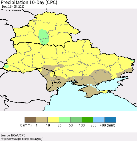 Ukraine, Moldova and Belarus Precipitation 10-Day (CPC) Thematic Map For 12/16/2020 - 12/25/2020