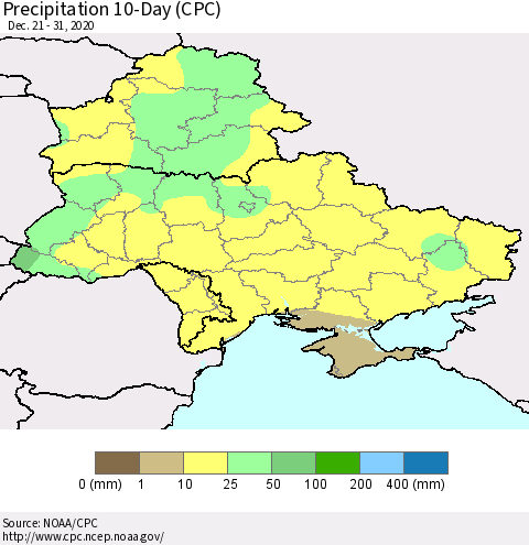 Ukraine, Moldova and Belarus Precipitation 10-Day (CPC) Thematic Map For 12/21/2020 - 12/31/2020