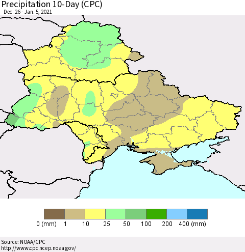 Ukraine, Moldova and Belarus Precipitation 10-Day (CPC) Thematic Map For 12/26/2020 - 1/5/2021