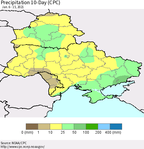 Ukraine, Moldova and Belarus Precipitation 10-Day (CPC) Thematic Map For 1/6/2021 - 1/15/2021