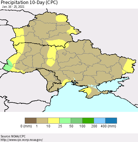 Ukraine, Moldova and Belarus Precipitation 10-Day (CPC) Thematic Map For 1/16/2021 - 1/25/2021