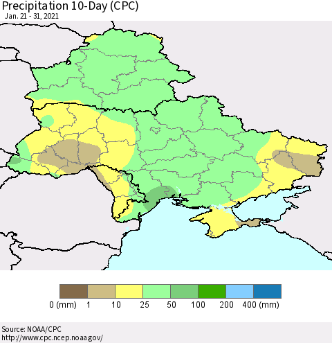 Ukraine, Moldova and Belarus Precipitation 10-Day (CPC) Thematic Map For 1/21/2021 - 1/31/2021