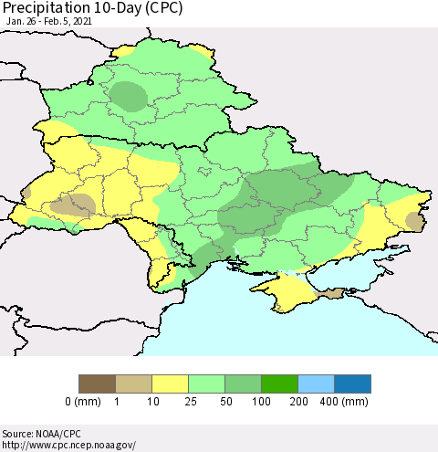 Ukraine, Moldova and Belarus Precipitation 10-Day (CPC) Thematic Map For 1/26/2021 - 2/5/2021