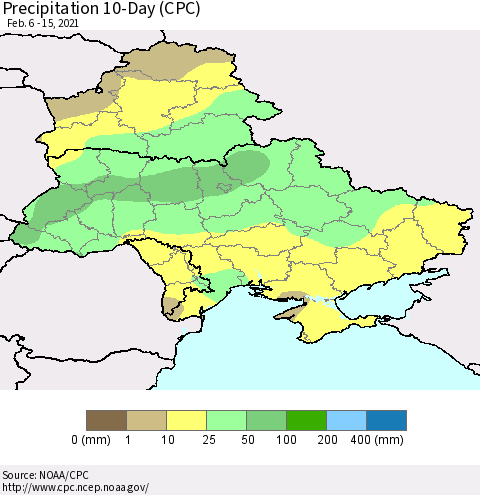 Ukraine, Moldova and Belarus Precipitation 10-Day (CPC) Thematic Map For 2/6/2021 - 2/15/2021