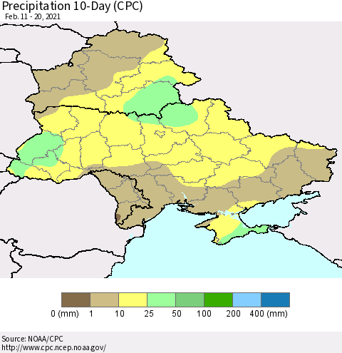 Ukraine, Moldova and Belarus Precipitation 10-Day (CPC) Thematic Map For 2/11/2021 - 2/20/2021
