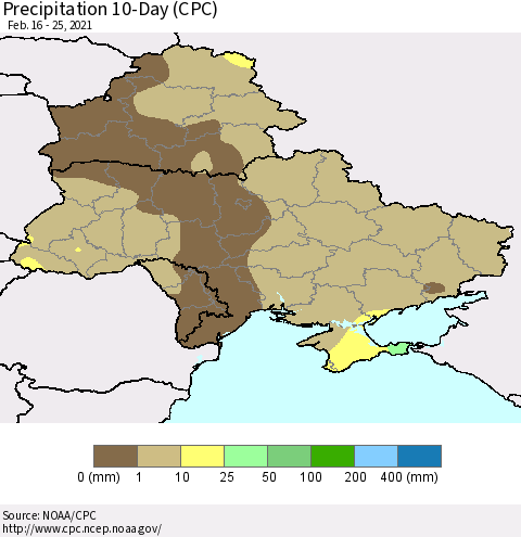 Ukraine, Moldova and Belarus Precipitation 10-Day (CPC) Thematic Map For 2/16/2021 - 2/25/2021