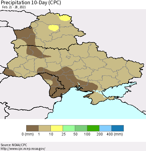 Ukraine, Moldova and Belarus Precipitation 10-Day (CPC) Thematic Map For 2/21/2021 - 2/28/2021