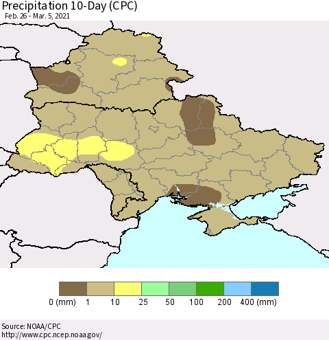 Ukraine, Moldova and Belarus Precipitation 10-Day (CPC) Thematic Map For 2/26/2021 - 3/5/2021