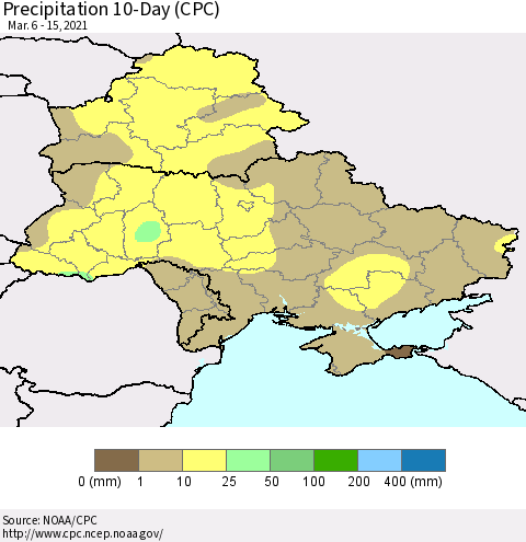 Ukraine, Moldova and Belarus Precipitation 10-Day (CPC) Thematic Map For 3/6/2021 - 3/15/2021