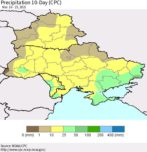 Ukraine, Moldova and Belarus Precipitation 10-Day (CPC) Thematic Map For 3/16/2021 - 3/25/2021
