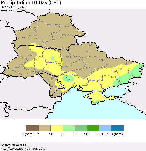 Ukraine, Moldova and Belarus Precipitation 10-Day (CPC) Thematic Map For 3/21/2021 - 3/31/2021