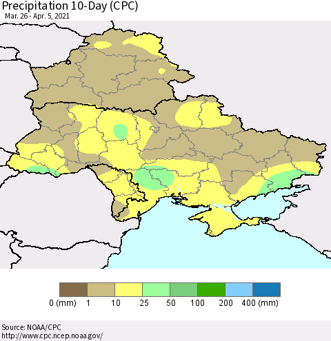Ukraine, Moldova and Belarus Precipitation 10-Day (CPC) Thematic Map For 3/26/2021 - 4/5/2021