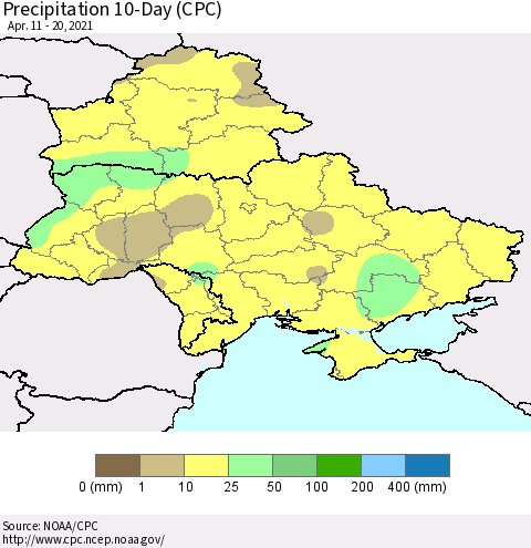 Ukraine, Moldova and Belarus Precipitation 10-Day (CPC) Thematic Map For 4/11/2021 - 4/20/2021