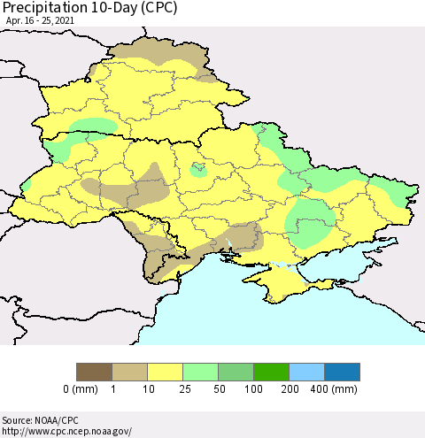 Ukraine, Moldova and Belarus Precipitation 10-Day (CPC) Thematic Map For 4/16/2021 - 4/25/2021
