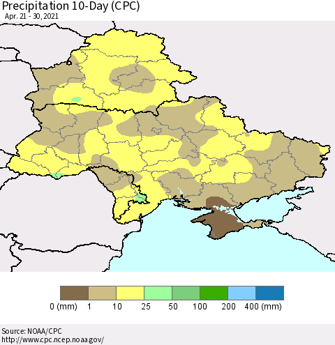Ukraine, Moldova and Belarus Precipitation 10-Day (CPC) Thematic Map For 4/21/2021 - 4/30/2021