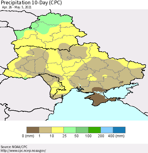 Ukraine, Moldova and Belarus Precipitation 10-Day (CPC) Thematic Map For 4/26/2021 - 5/5/2021