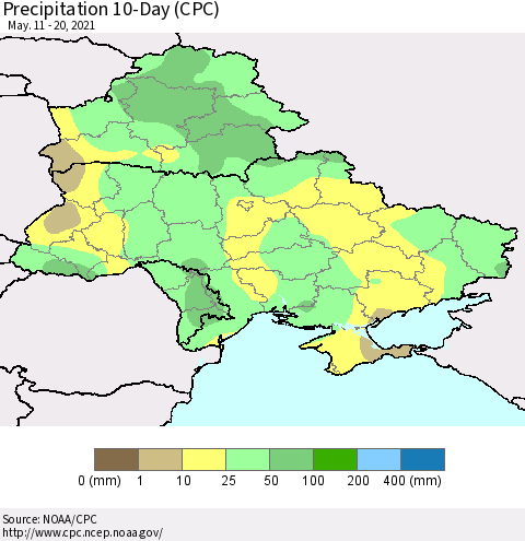 Ukraine, Moldova and Belarus Precipitation 10-Day (CPC) Thematic Map For 5/11/2021 - 5/20/2021