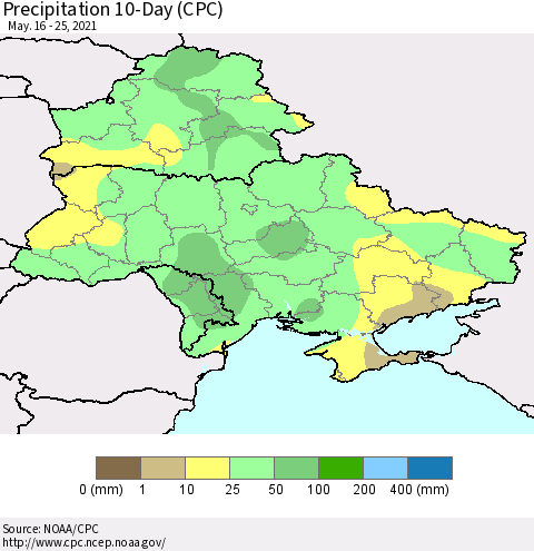 Ukraine, Moldova and Belarus Precipitation 10-Day (CPC) Thematic Map For 5/16/2021 - 5/25/2021